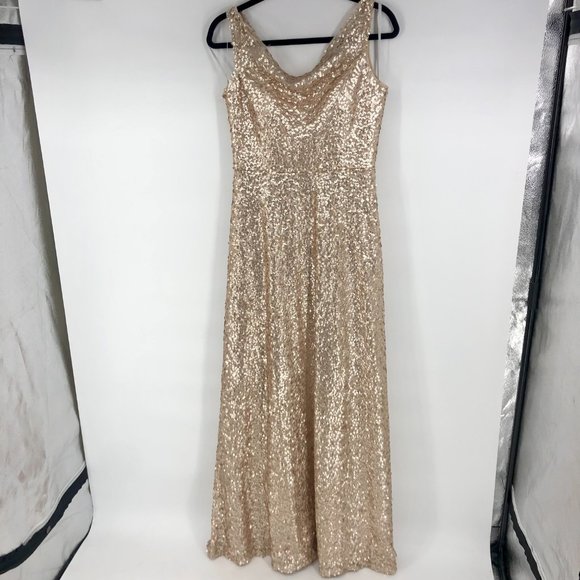 Dessy Group Rose Gold Sequined Beaded Formal Maxi Gown Cowl Neck 4508 Size 6 EUC - Picture 3 of 8